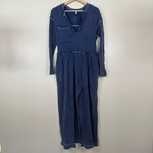 Free People Women's M Thermal‎ Jumpsuit Blue Waffle Knit Wide Leg Long Sleeve